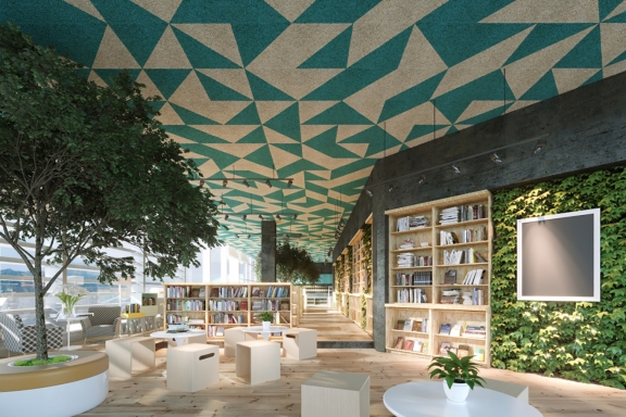 Bibliothèque avec plafond acoustique et esthétique Organic Creative